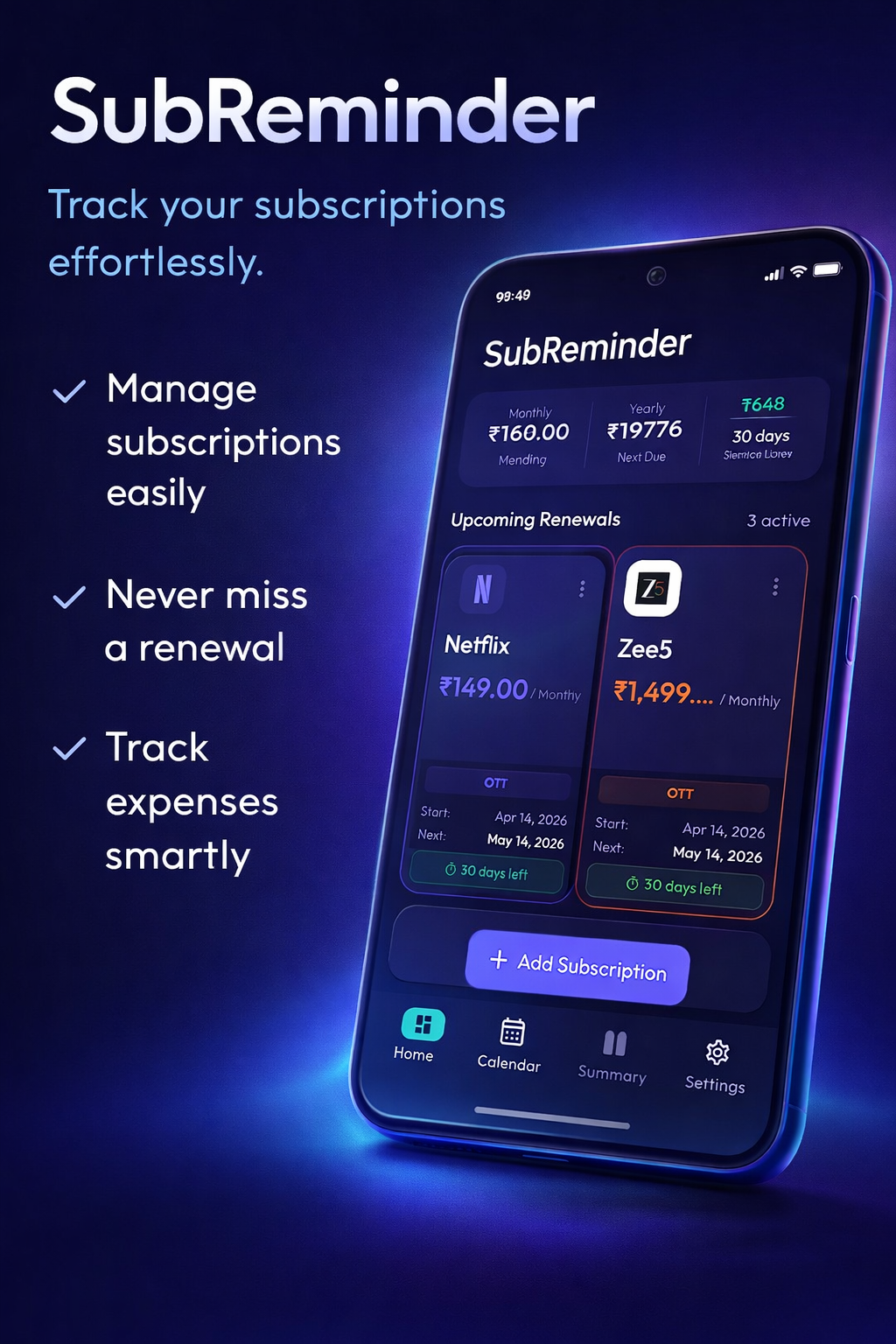 SubReminder home dashboard